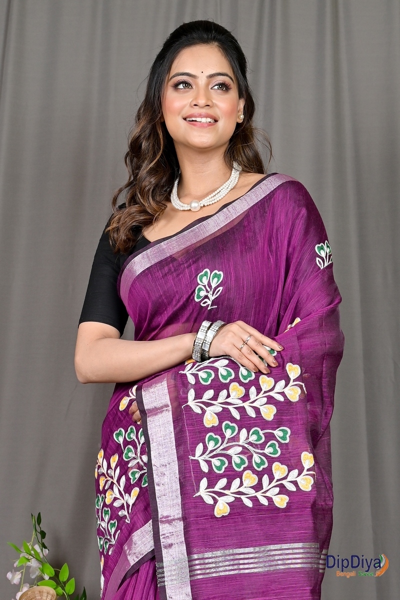 Purple Cotton Blended Paroni Embroidery Handloom saree (498)